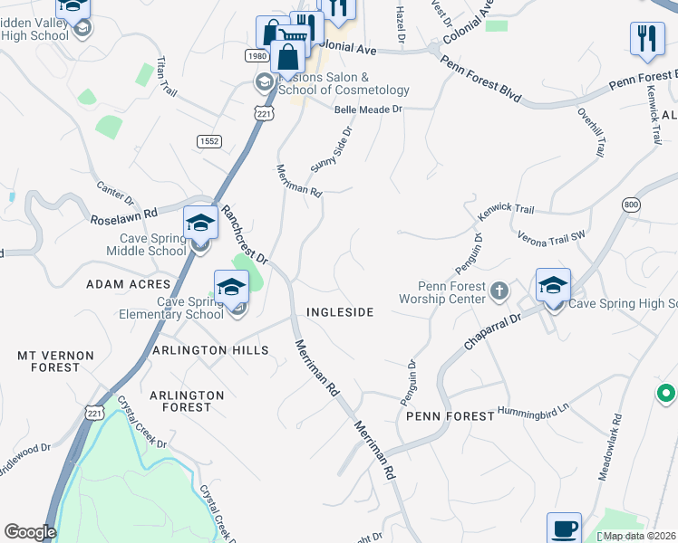 map of restaurants, bars, coffee shops, grocery stores, and more near 5374 Snow Owl Drive in Cave Spring