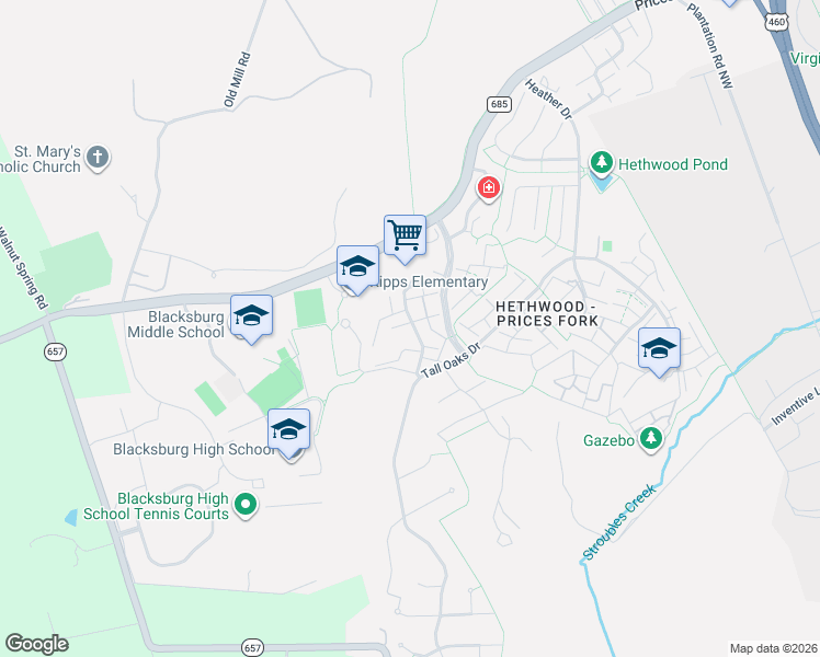 map of restaurants, bars, coffee shops, grocery stores, and more near 620 Cambridge Road in Blacksburg