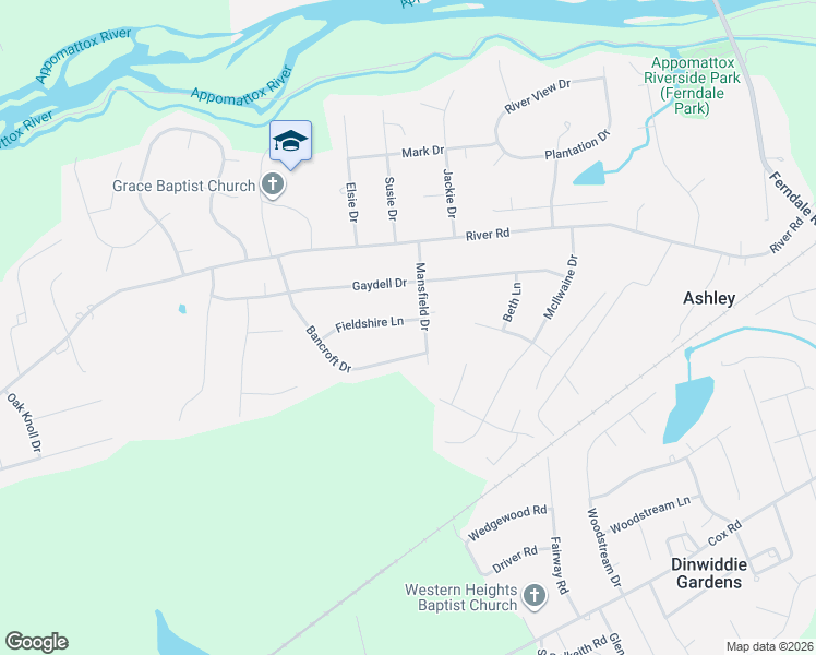 map of restaurants, bars, coffee shops, grocery stores, and more near 24105 Fieldshire Lane in Petersburg