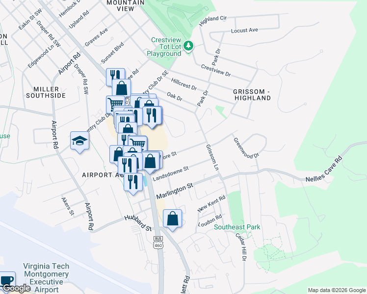 map of restaurants, bars, coffee shops, grocery stores, and more near 303 Ardmore Street in Blacksburg