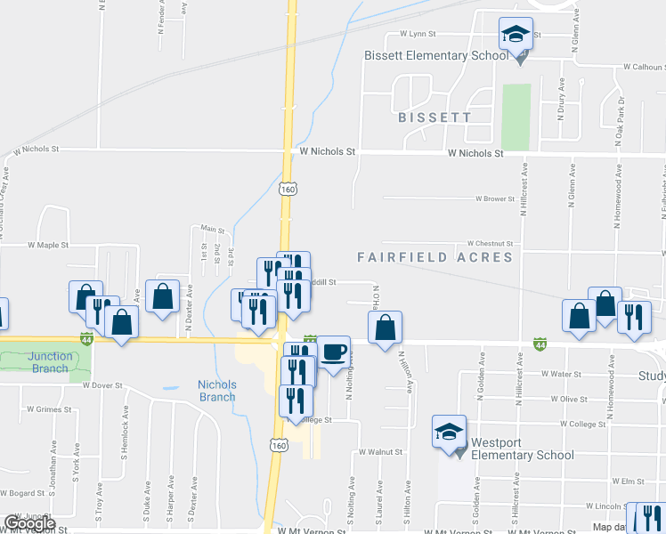 map of restaurants, bars, coffee shops, grocery stores, and more near 3357 West Waddill Street in Springfield