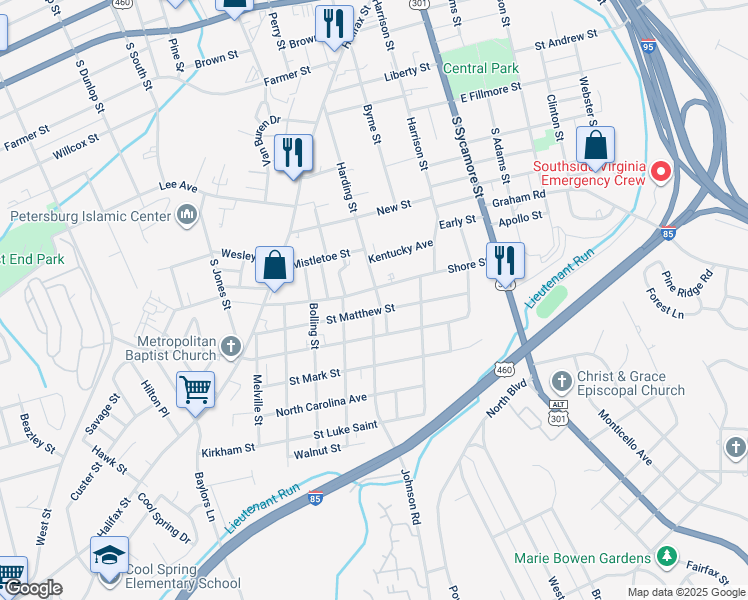 map of restaurants, bars, coffee shops, grocery stores, and more near 812 Harding Street in Petersburg