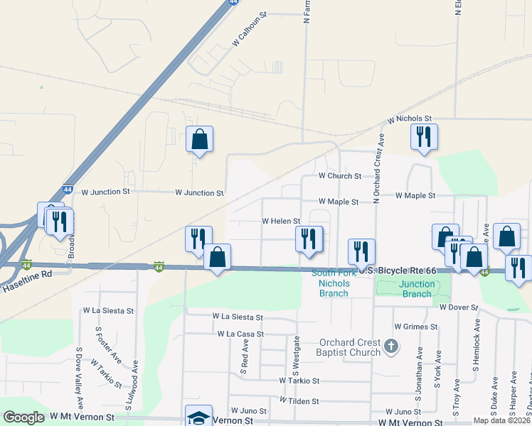 map of restaurants, bars, coffee shops, grocery stores, and more near 610 North Mahn Avenue in Springfield