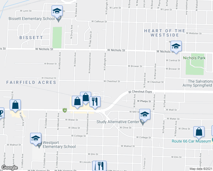 map of restaurants, bars, coffee shops, grocery stores, and more near 616 North Fulbright Avenue in Springfield