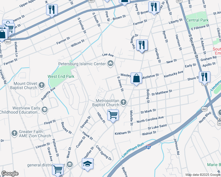 map of restaurants, bars, coffee shops, grocery stores, and more near 749 Mount Airy Street in Petersburg