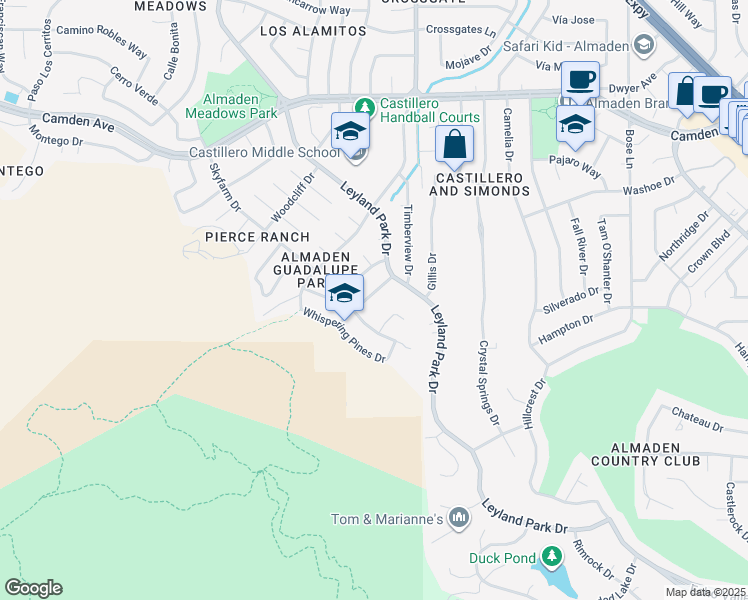 map of restaurants, bars, coffee shops, grocery stores, and more near 1390 Pierce Ranch Road in San Jose
