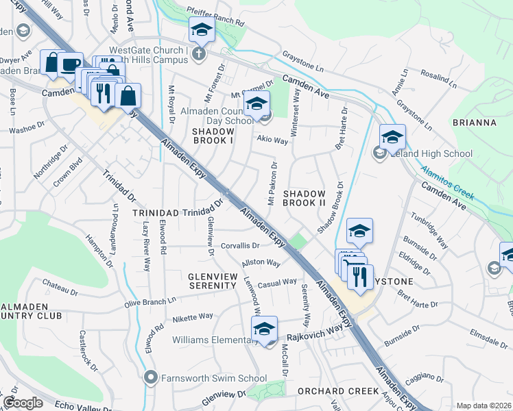 map of restaurants, bars, coffee shops, grocery stores, and more near 6744 Almaden Road in San Jose
