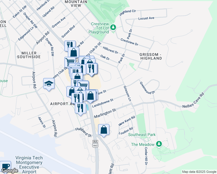 map of restaurants, bars, coffee shops, grocery stores, and more near 301 Ardmore Street in Blacksburg