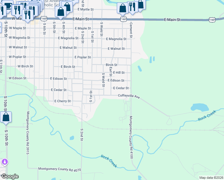 map of restaurants, bars, coffee shops, grocery stores, and more near 901 East Cedar Street in Independence