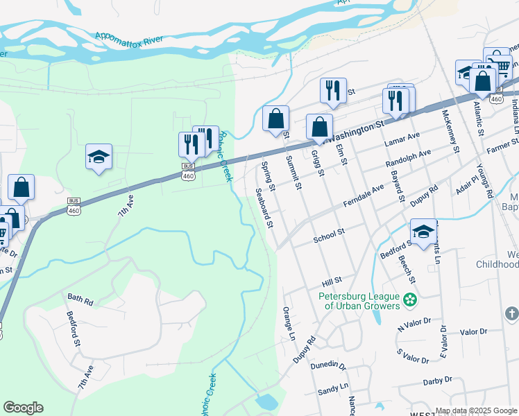map of restaurants, bars, coffee shops, grocery stores, and more near 124 Seaboard Street in Petersburg