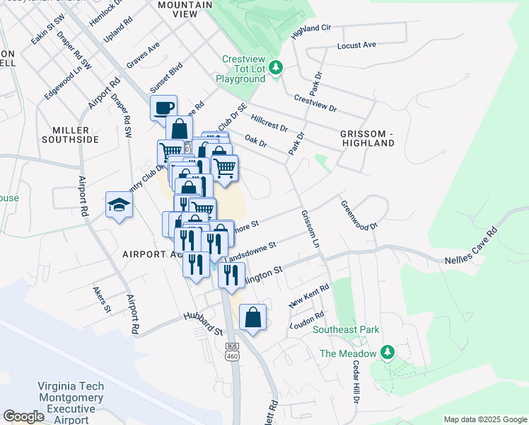 map of restaurants, bars, coffee shops, grocery stores, and more near 301 Ardmore Street in Blacksburg