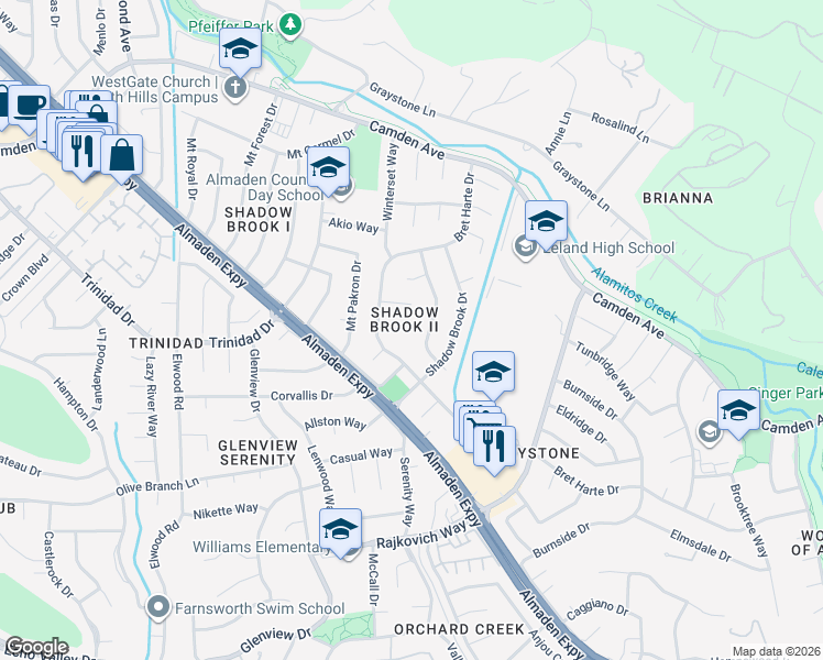 map of restaurants, bars, coffee shops, grocery stores, and more near 1033 Bright Oak Place in San Jose