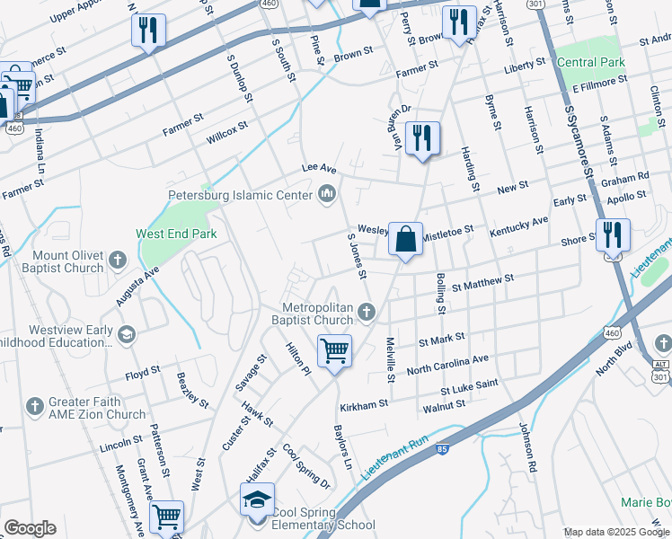 map of restaurants, bars, coffee shops, grocery stores, and more near 833 Gladstone Street in Petersburg