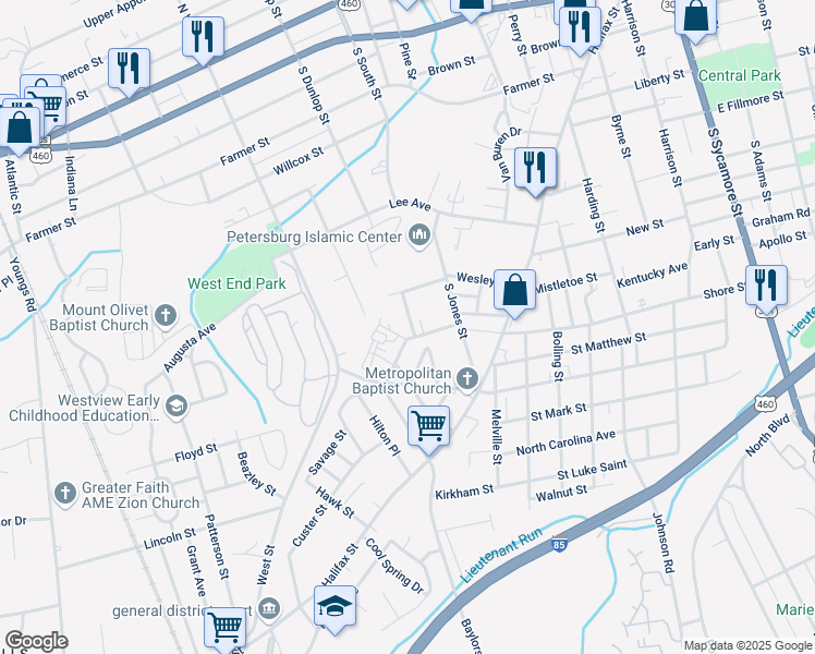 map of restaurants, bars, coffee shops, grocery stores, and more near 738 Mount Airy Street in Petersburg