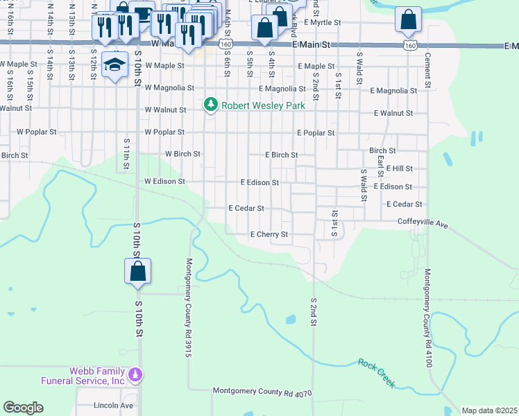 map of restaurants, bars, coffee shops, grocery stores, and more near 353 East Cedar Street in Independence
