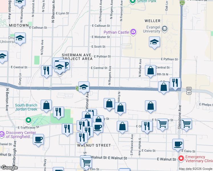 map of restaurants, bars, coffee shops, grocery stores, and more near 707 N Rogers Ave in Springfield