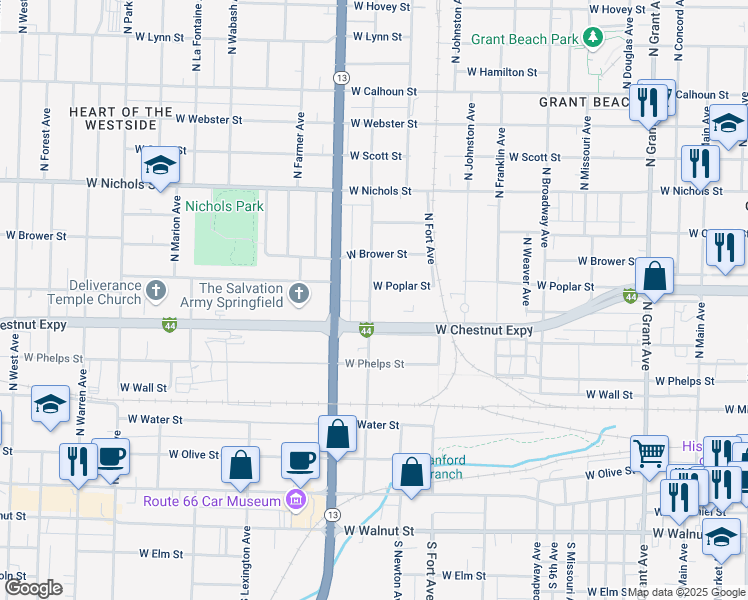 map of restaurants, bars, coffee shops, grocery stores, and more near 1315 West Chestnut Street in Springfield