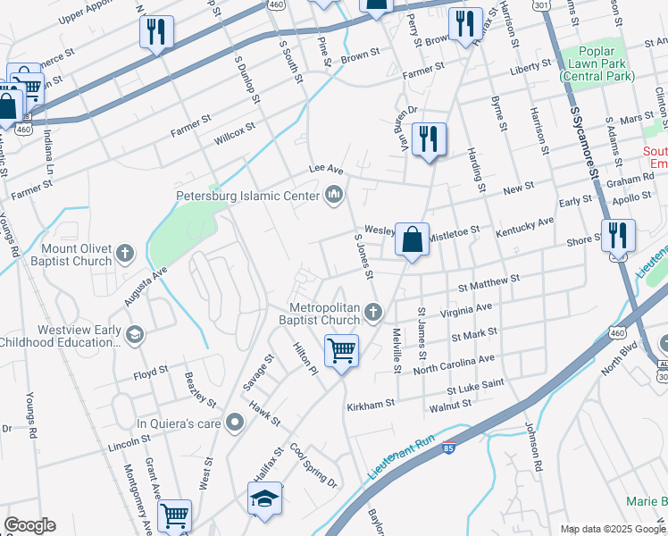map of restaurants, bars, coffee shops, grocery stores, and more near 833 Gladstone Street in Petersburg