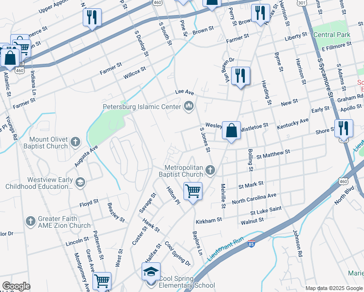 map of restaurants, bars, coffee shops, grocery stores, and more near 734 Mount Airy Street in Petersburg