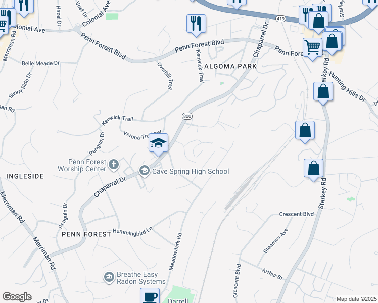 map of restaurants, bars, coffee shops, grocery stores, and more near 2950 Tree Swallow Road in Cave Spring