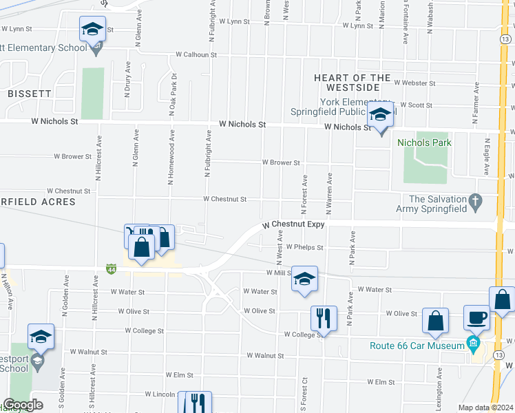 map of restaurants, bars, coffee shops, grocery stores, and more near 631 North Brown Avenue in Springfield