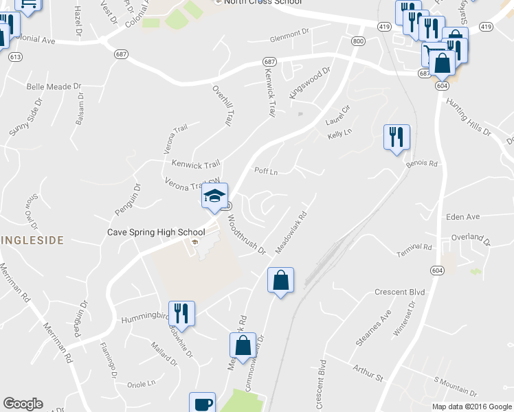 map of restaurants, bars, coffee shops, grocery stores, and more near 3351 Forest Ridge Road in Roanoke