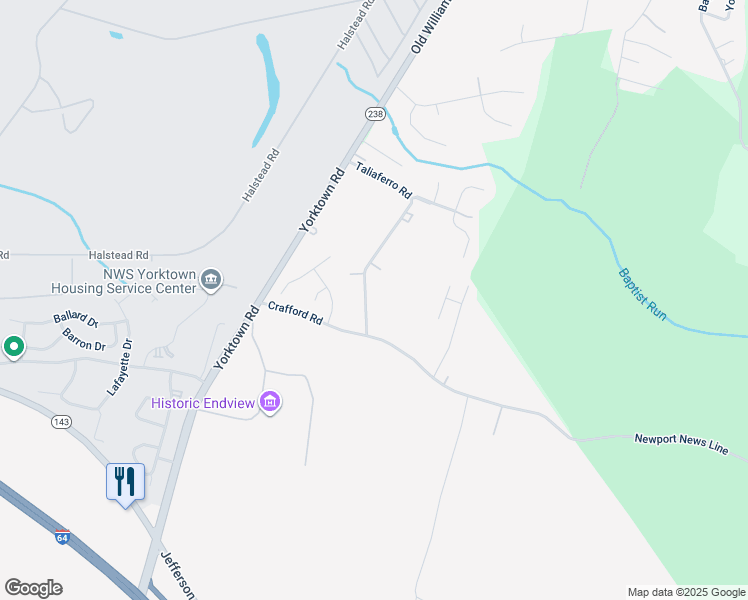 map of restaurants, bars, coffee shops, grocery stores, and more near 522 Taliaferro Road in Newport News