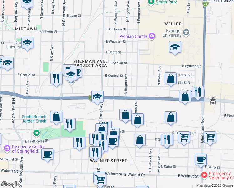 map of restaurants, bars, coffee shops, grocery stores, and more near 707 North Rogers Avenue in Springfield