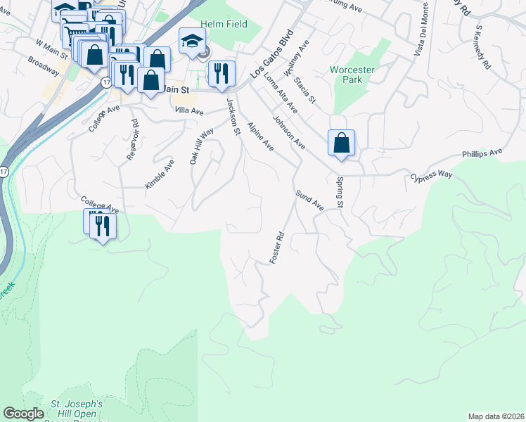 map of restaurants, bars, coffee shops, grocery stores, and more near 131 Highland Avenue in Los Gatos