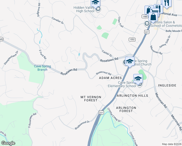 map of restaurants, bars, coffee shops, grocery stores, and more near 4631 Rosecrest Road in Cave Spring