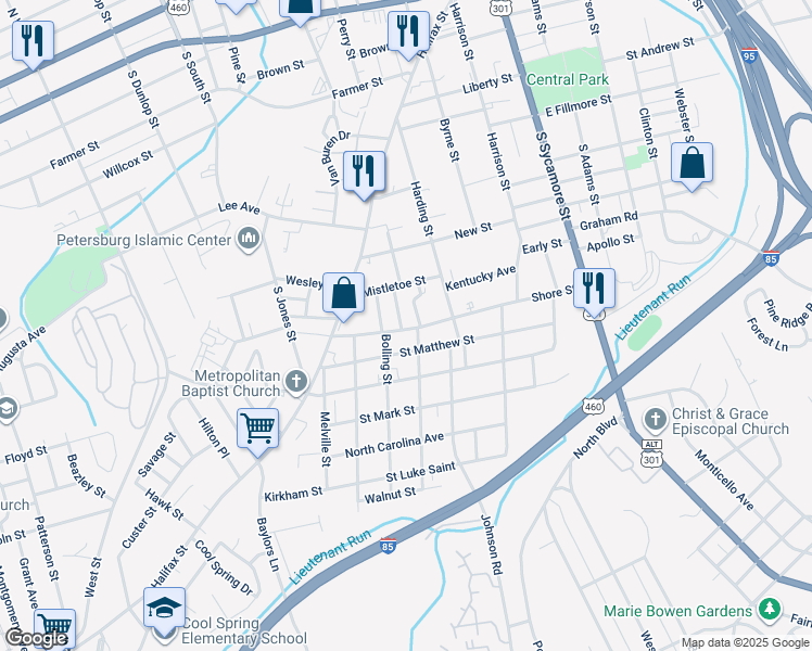 map of restaurants, bars, coffee shops, grocery stores, and more near 747 Wilson Street in Petersburg