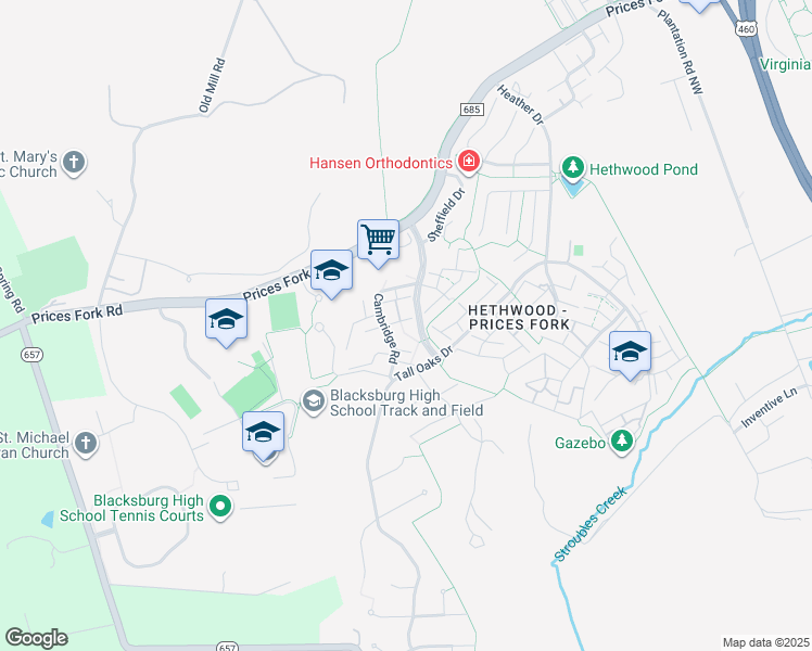 map of restaurants, bars, coffee shops, grocery stores, and more near 620 Cambridge Road in Blacksburg
