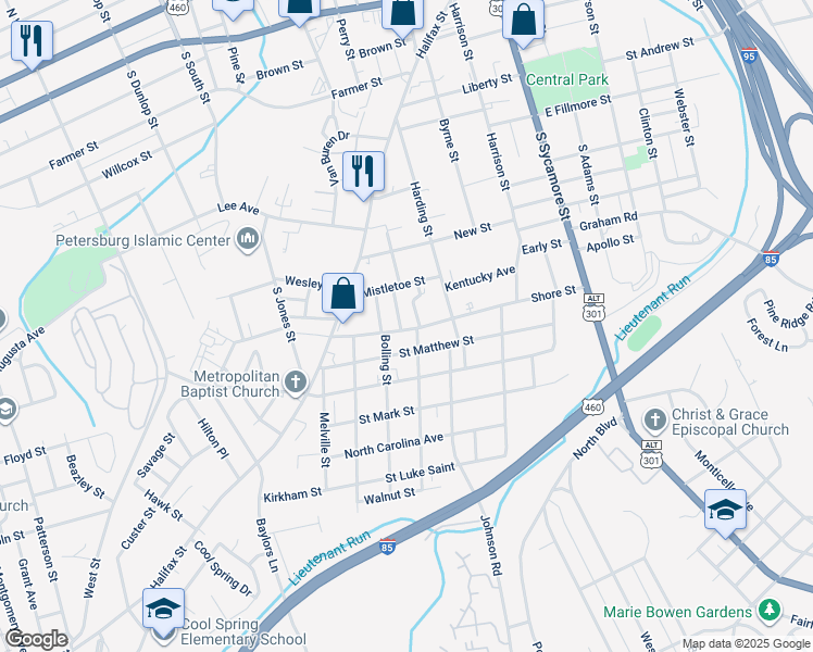 map of restaurants, bars, coffee shops, grocery stores, and more near 747 Wilson Street in Petersburg