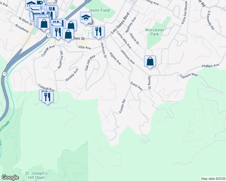map of restaurants, bars, coffee shops, grocery stores, and more near 131 Highland Avenue in Los Gatos