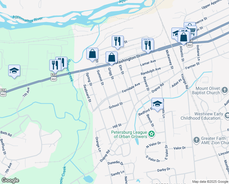 map of restaurants, bars, coffee shops, grocery stores, and more near 2105 Ferndale Avenue in Petersburg