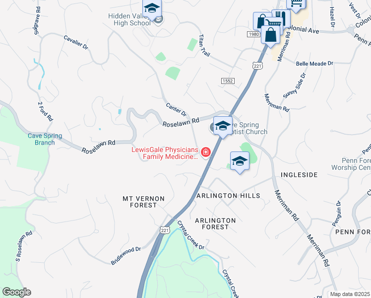 map of restaurants, bars, coffee shops, grocery stores, and more near 4415 Rosecrest Road in Cave Spring
