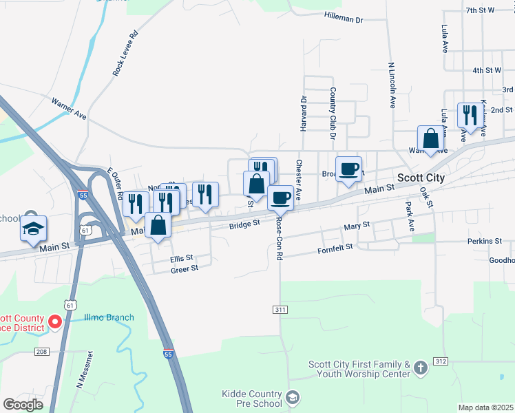 map of restaurants, bars, coffee shops, grocery stores, and more near 2116 Main Street in Scott City
