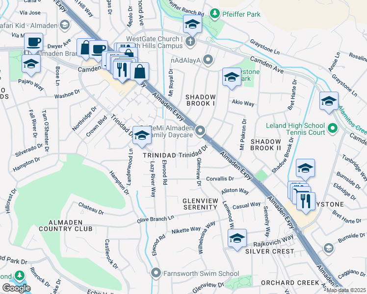 map of restaurants, bars, coffee shops, grocery stores, and more near 6729 Tannahill Drive in San Jose
