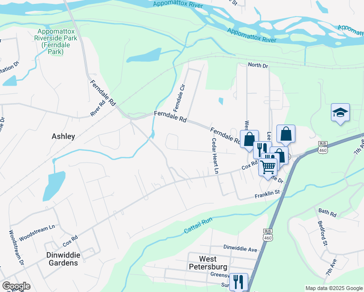 map of restaurants, bars, coffee shops, grocery stores, and more near 25416 Grant Avenue in Petersburg