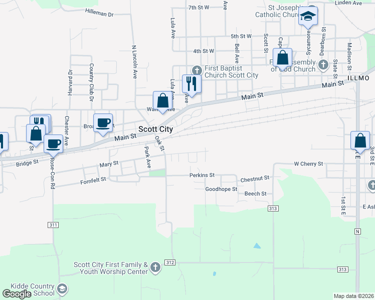 map of restaurants, bars, coffee shops, grocery stores, and more near 48 West Mar-Elm Street in Scott City