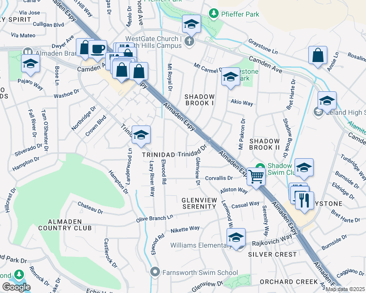 map of restaurants, bars, coffee shops, grocery stores, and more near 6729 Tannahill Drive in San Jose