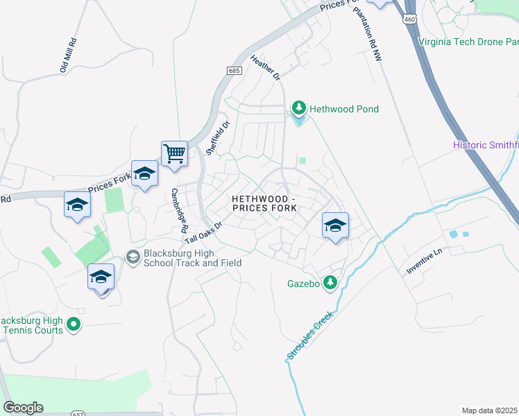 map of restaurants, bars, coffee shops, grocery stores, and more near 4300 Richmond Lane in Blacksburg
