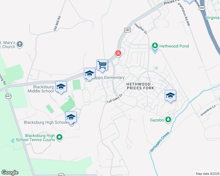 map of restaurants, bars, coffee shops, grocery stores, and more near 620 Cambridge Road in Blacksburg