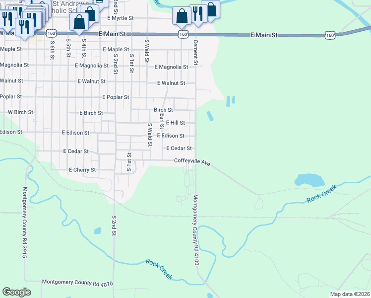 map of restaurants, bars, coffee shops, grocery stores, and more near 901-1059 East Cedar Street in Independence