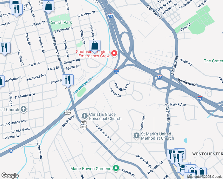 map of restaurants, bars, coffee shops, grocery stores, and more near 443 Forest Lane in Petersburg