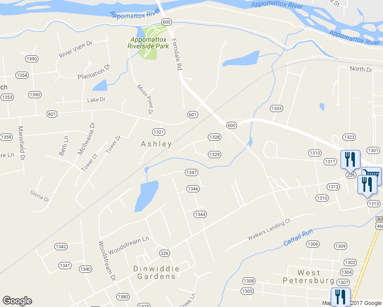 map of restaurants, bars, coffee shops, grocery stores, and more near 4112 Brooksdale Road in Petersburg