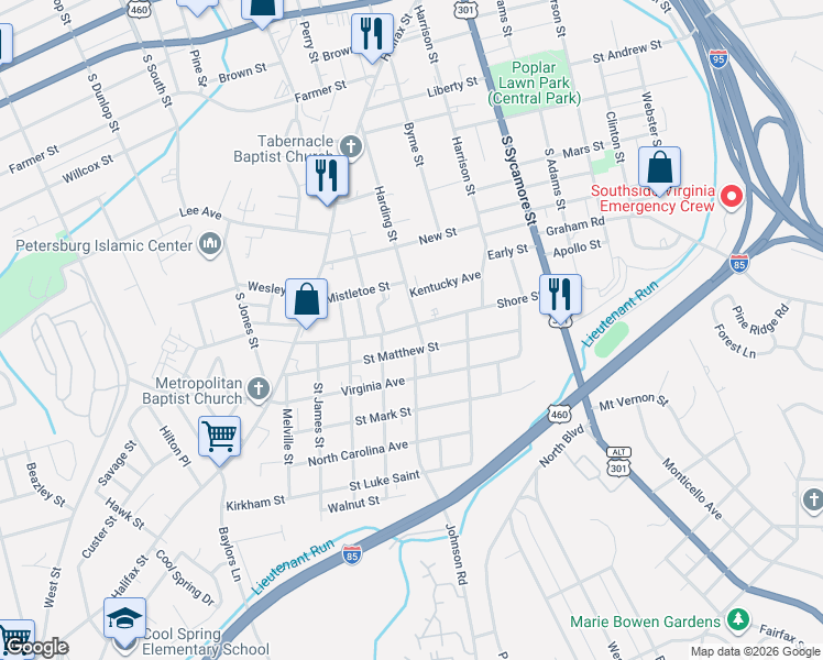 map of restaurants, bars, coffee shops, grocery stores, and more near 812 Harding Street in Petersburg