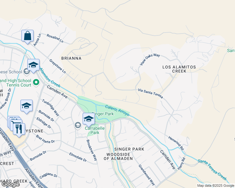 map of restaurants, bars, coffee shops, grocery stores, and more near 20239 Viewcrest Drive in San Jose