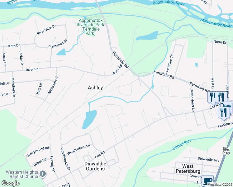 map of restaurants, bars, coffee shops, grocery stores, and more near 4112 Brooksdale Road in Petersburg