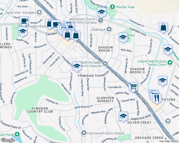 map of restaurants, bars, coffee shops, grocery stores, and more near 6678 Elwood Road in San Jose